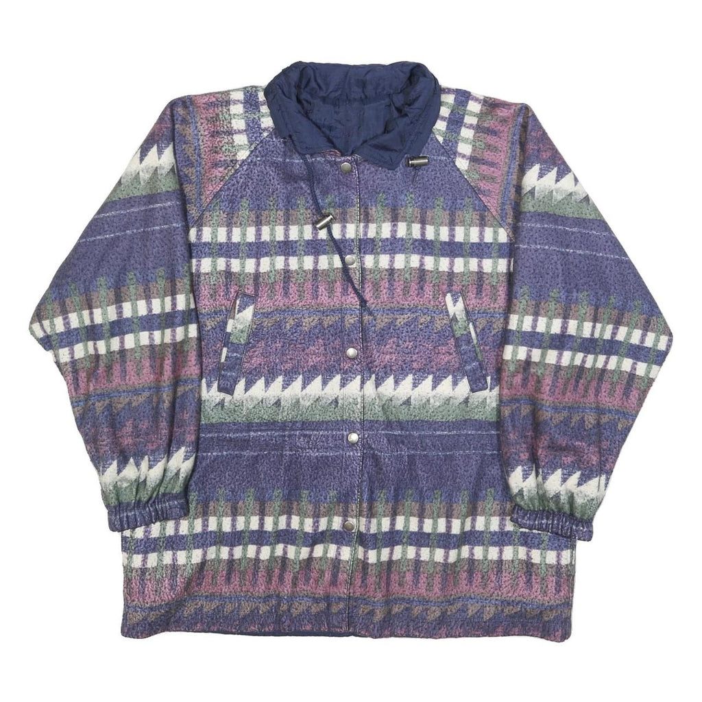 Womens Blue Button Jacket L Polyester Blend Patterned Cosy Warm Casual