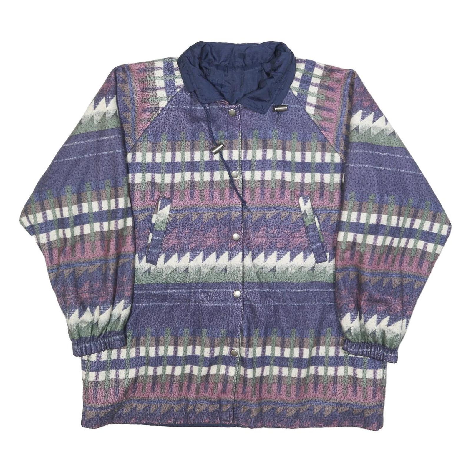 Womens Blue Button Jacket L Polyester Blend Patterned Cosy Warm Casual