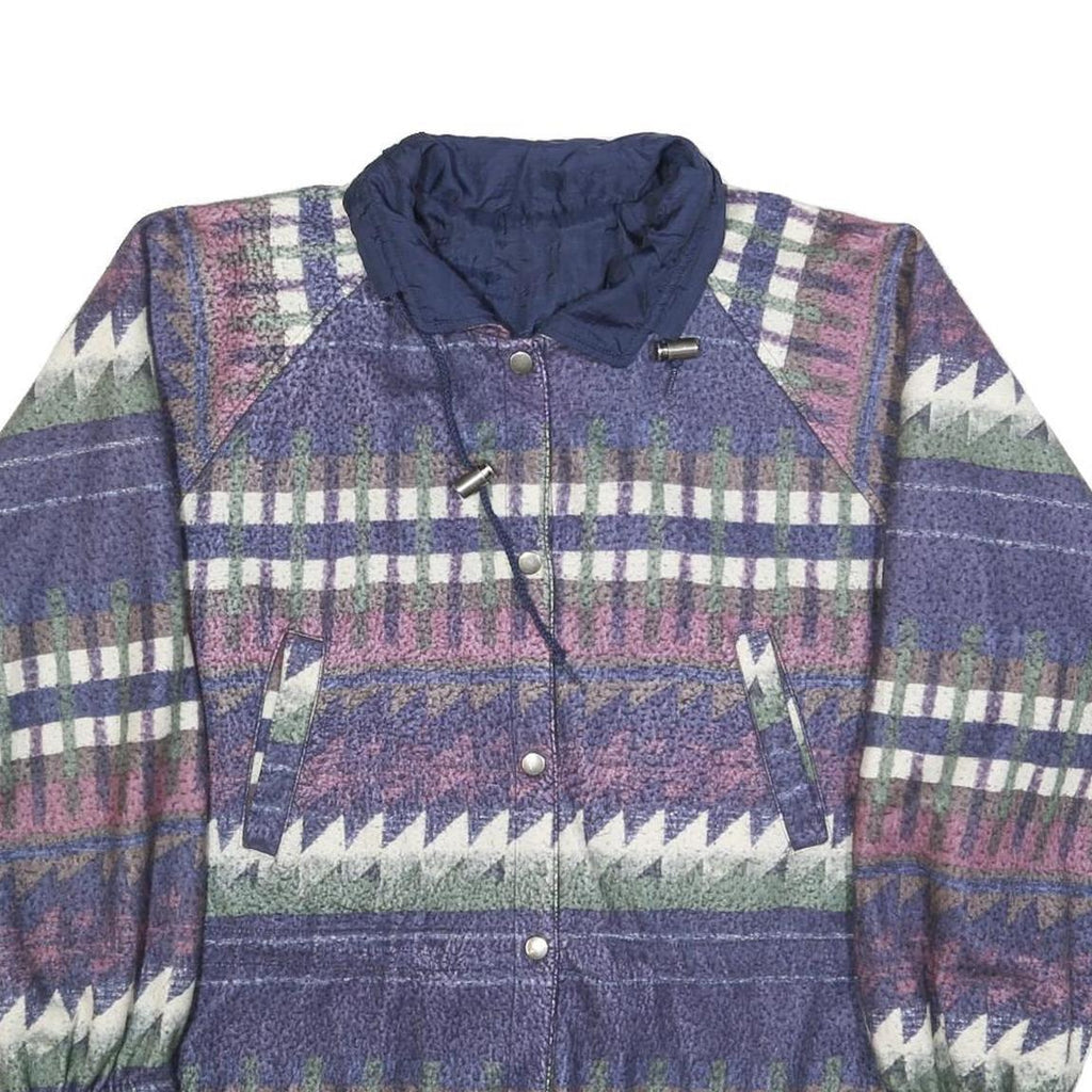 Womens Blue Button Jacket L Polyester Blend Patterned Cosy Warm Casual