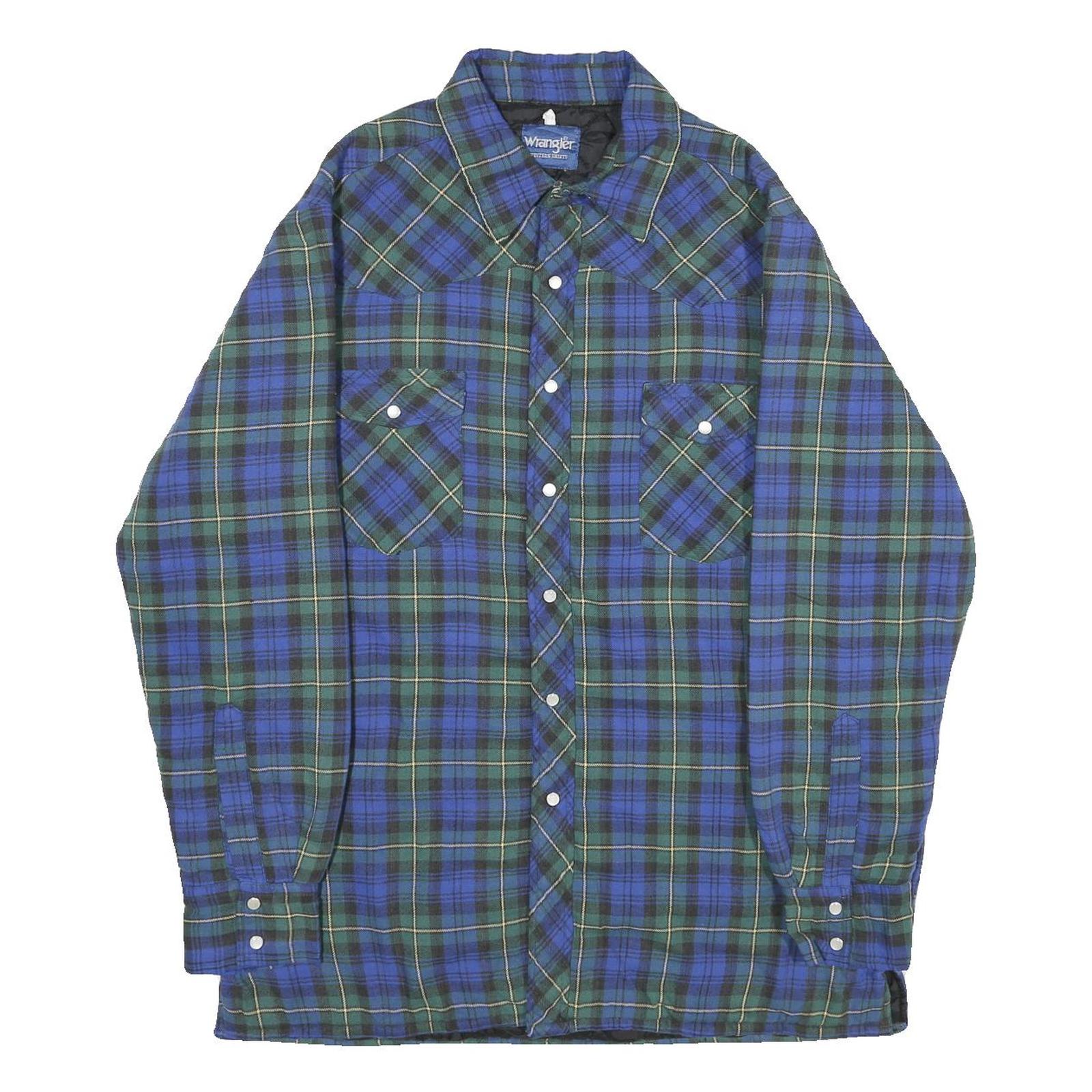 WRANGLER Mens Blue Green Jacket L Cotton Blend Check Button Closure Casual