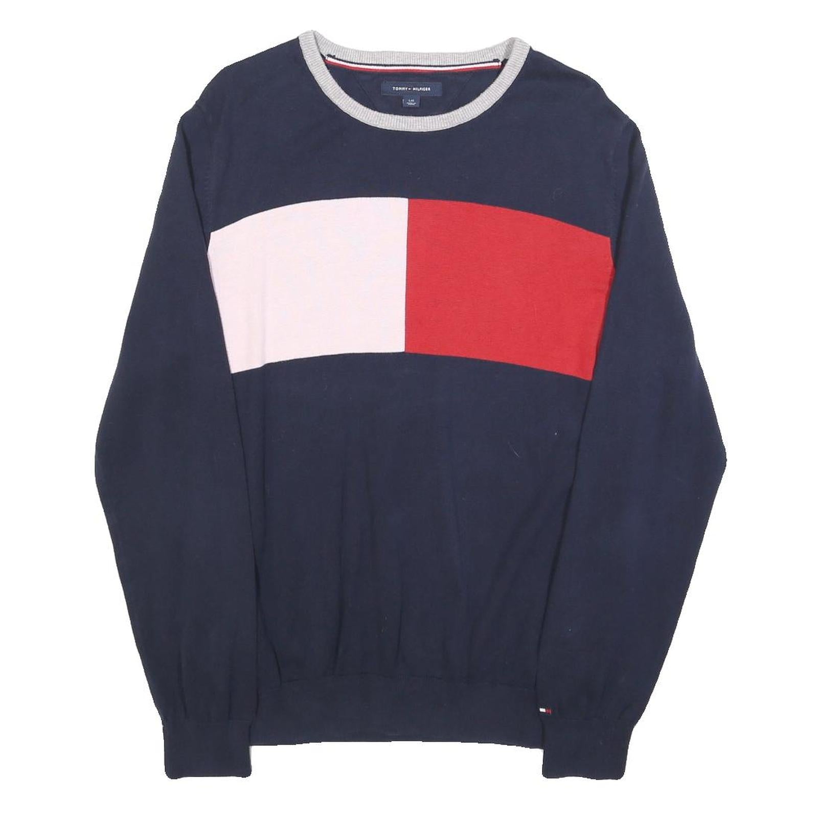 TOMMY HILFIGER Womens Navy Blue Red Colourblock Plain Crew Neck Basic Knit