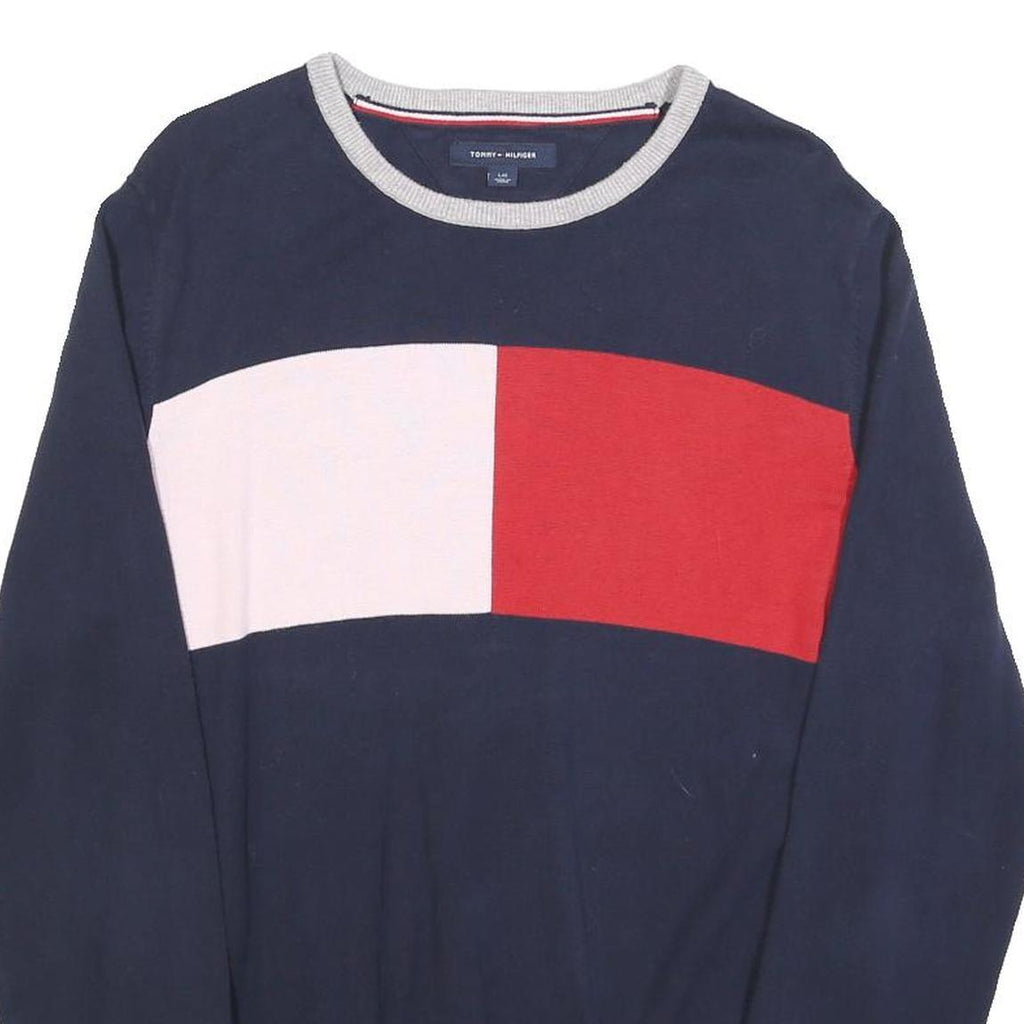 TOMMY HILFIGER Womens Navy Blue Red Colourblock Plain Crew Neck Basic Knit