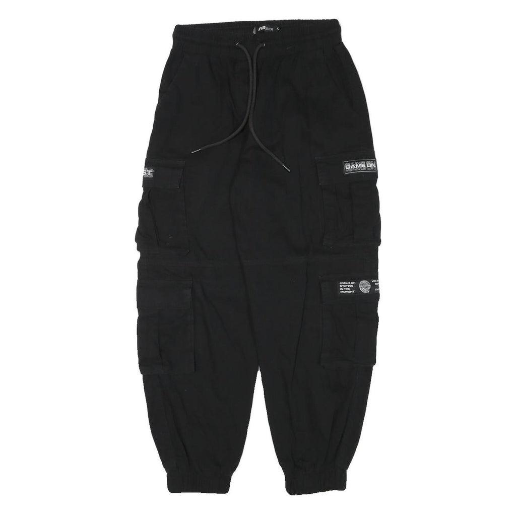 FB SISTER Mens Cotton Blend Black Relaxed Cargo Trousers W26 L26 Drawstring