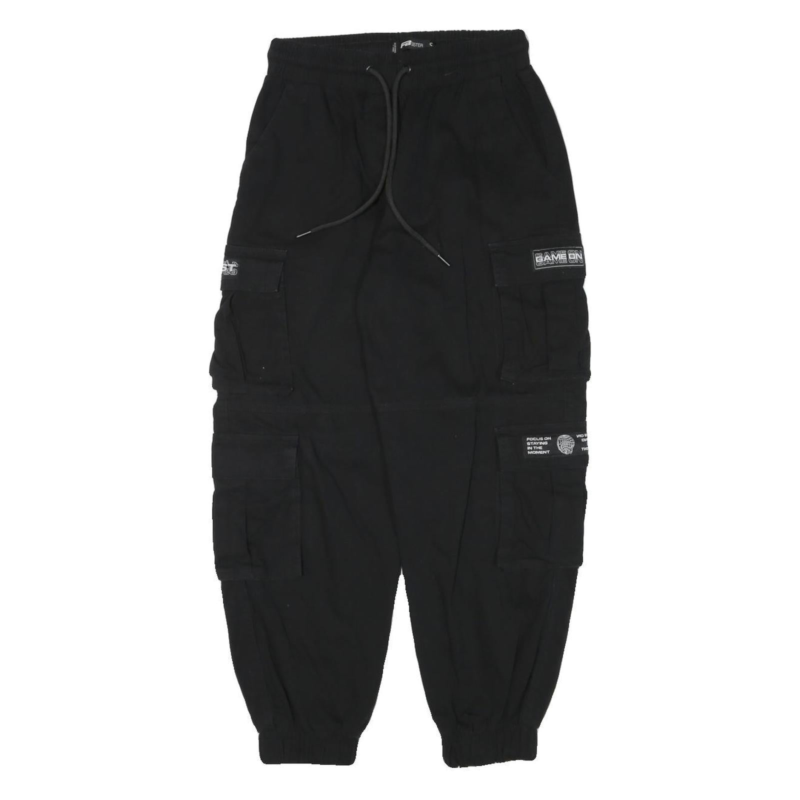 FB SISTER Mens Cotton Blend Black Relaxed Cargo Trousers W26 L26 Drawstring
