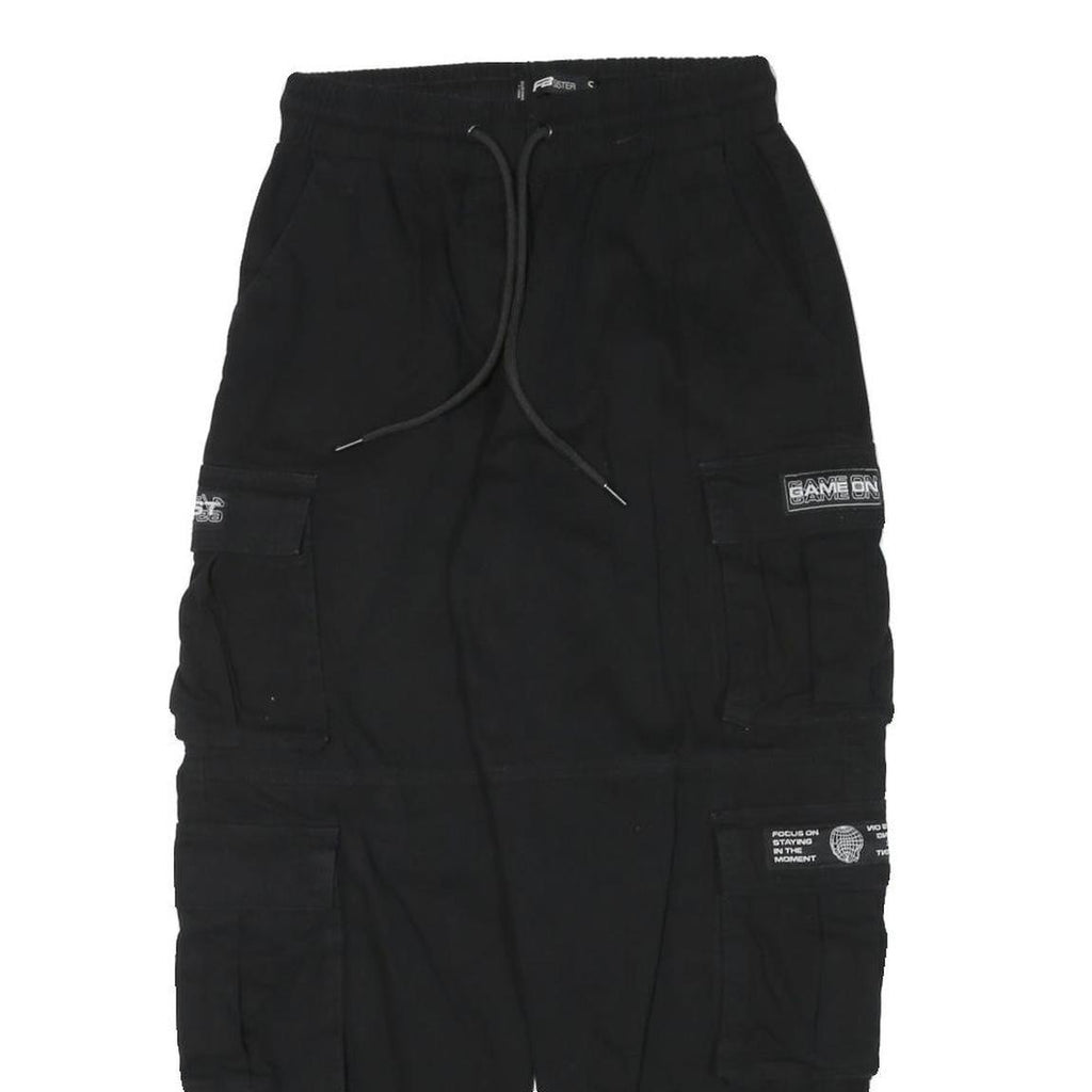 FB SISTER Mens Cotton Blend Black Relaxed Cargo Trousers W26 L26 Drawstring
