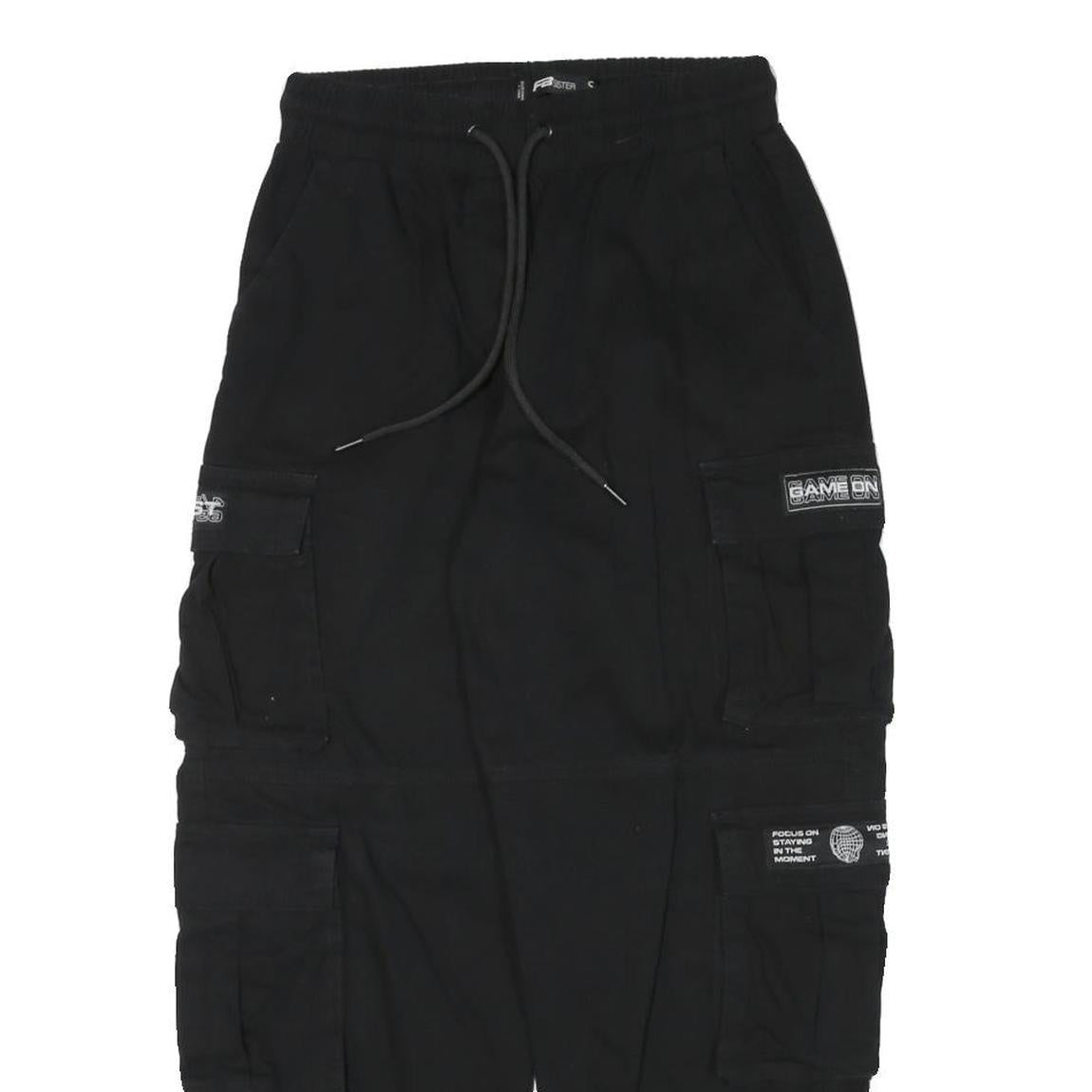 FB SISTER Mens Cotton Blend Black Relaxed Cargo Trousers W26 L26 Drawstring