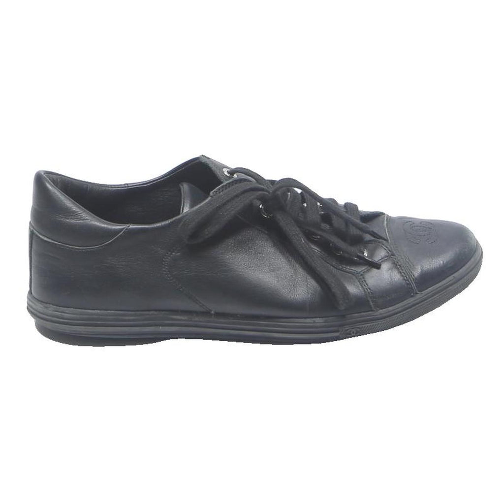 CHANEL Womens Lace-Up Leather Trainers Black UK 6 Designer Casual Footwear