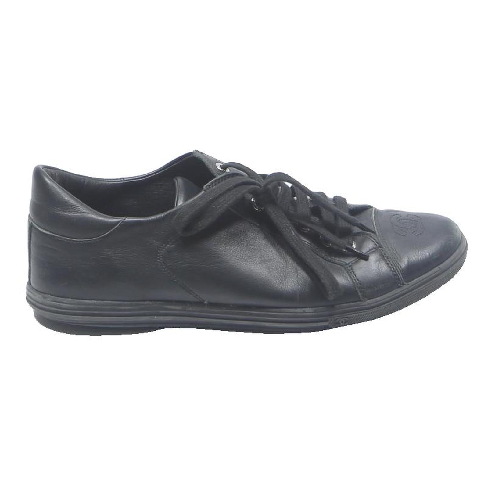 CHANEL Womens Lace-Up Leather Trainers Black UK 6 Designer Casual Footwear