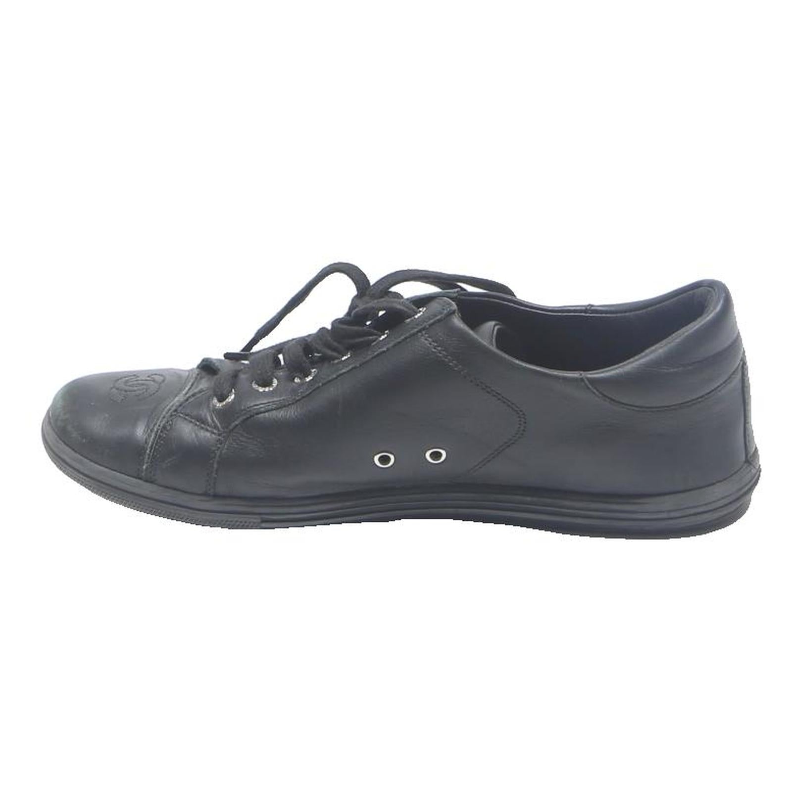 CHANEL Womens Lace-Up Leather Trainers Black UK 6 Designer Casual Footwear