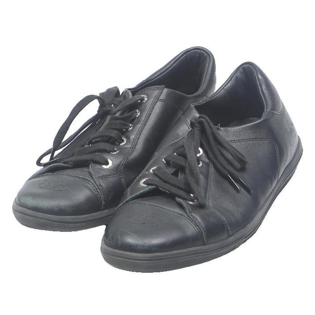 CHANEL Womens Lace-Up Leather Trainers Black UK 6 Designer Casual Footwear