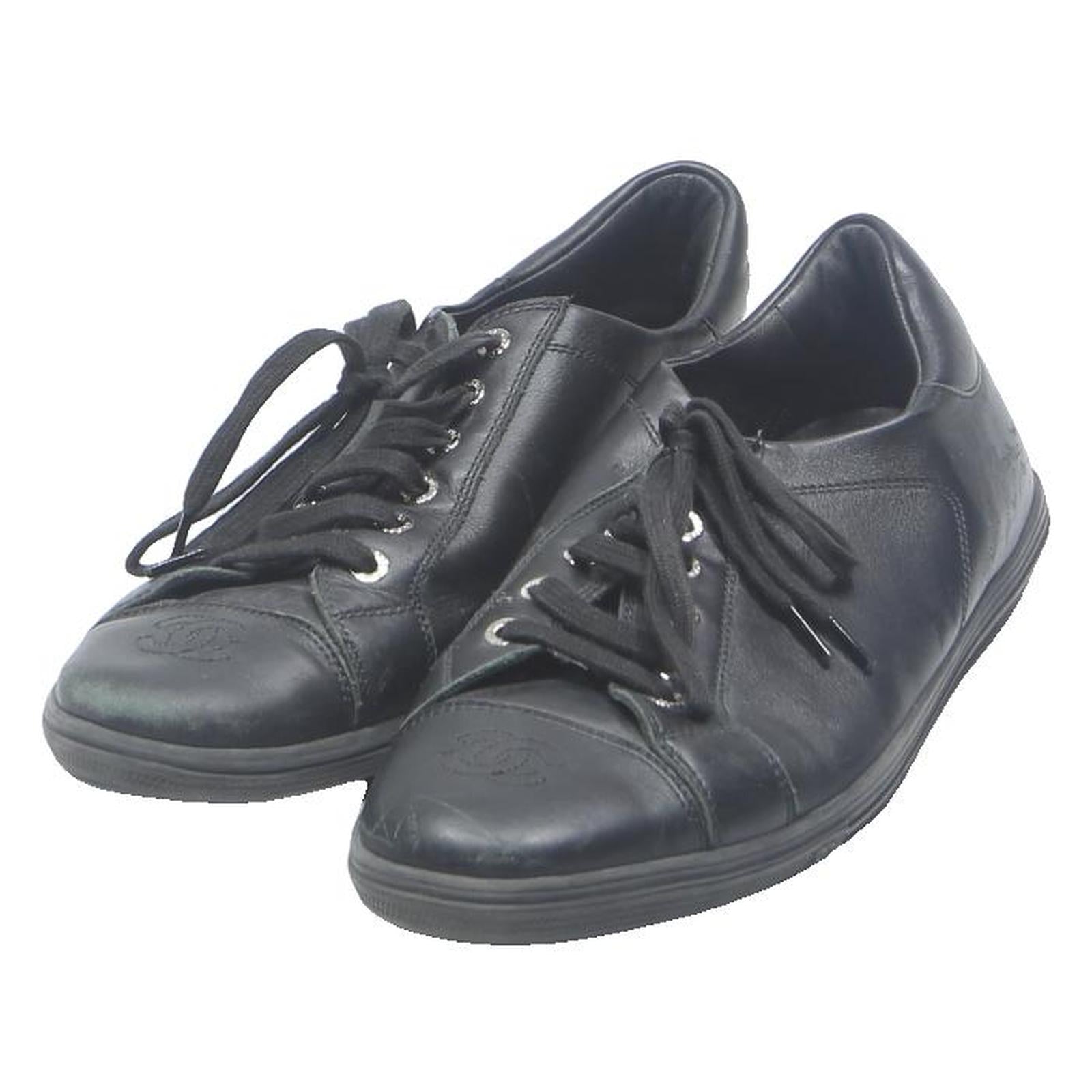 CHANEL Womens Lace-Up Leather Trainers Black UK 6 Designer Casual Footwear