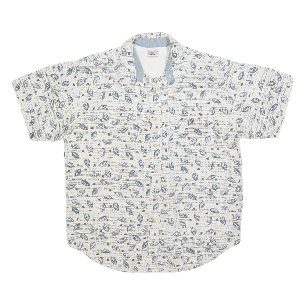 BUGLE BOY Mens White & Blue Leaf Print Cotton Blend Shirt L Casual Summer