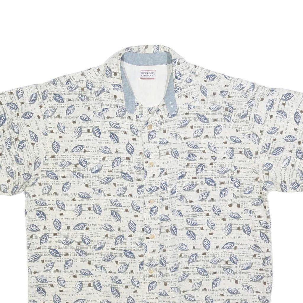 BUGLE BOY Mens White & Blue Leaf Print Cotton Blend Shirt L Casual Summer
