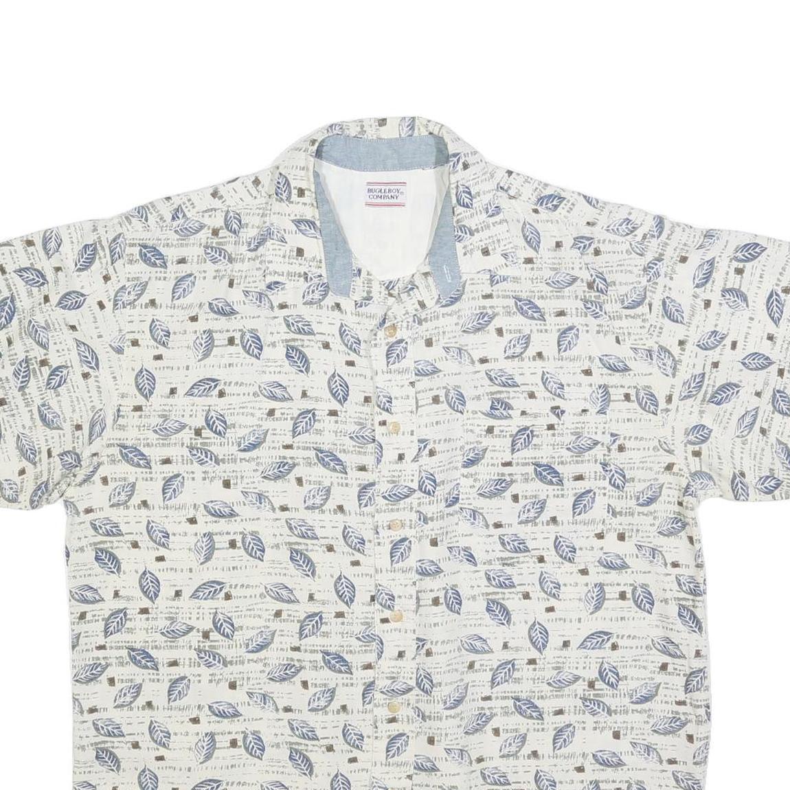 BUGLE BOY Mens White & Blue Leaf Print Cotton Blend Shirt L Casual Summer