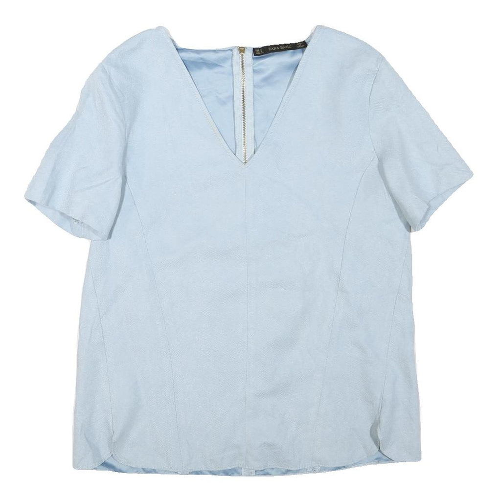 ZARA Womens Blue Basic Top Short Sleeve V-Neck S Lightweight Tailored Zip