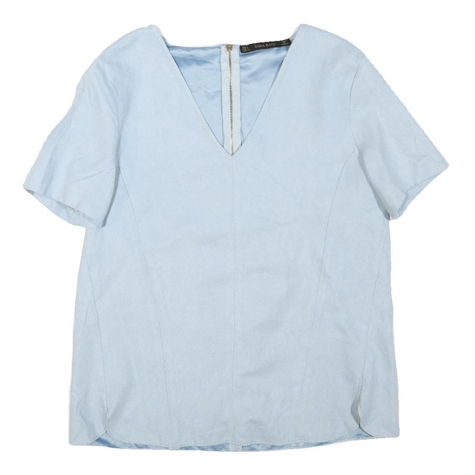 ZARA Womens Blue Basic Top Short Sleeve V-Neck S Lightweight Tailored Zip