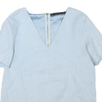 ZARA Womens Blue Basic Top Short Sleeve V-Neck S Lightweight Tailored Zip