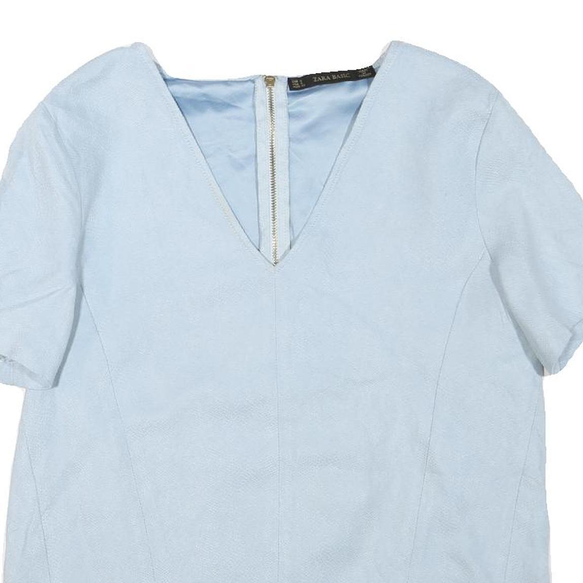ZARA Womens Blue Basic Top Short Sleeve V-Neck S Lightweight Tailored Zip