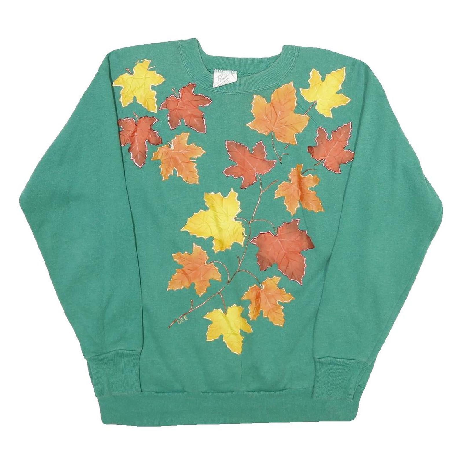 HANES Womens Green Sweatshirt L Cotton Blend Crew Neck Pullover Autumn Leaves