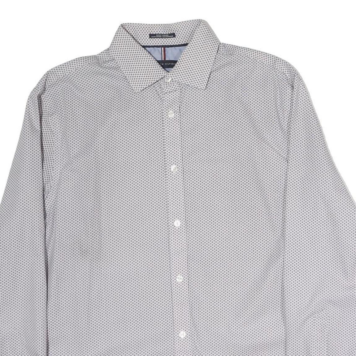 TOMMY HILFIGER Mens White & Blue Printed Cotton Shirt M Classic Fit Long Sleeve