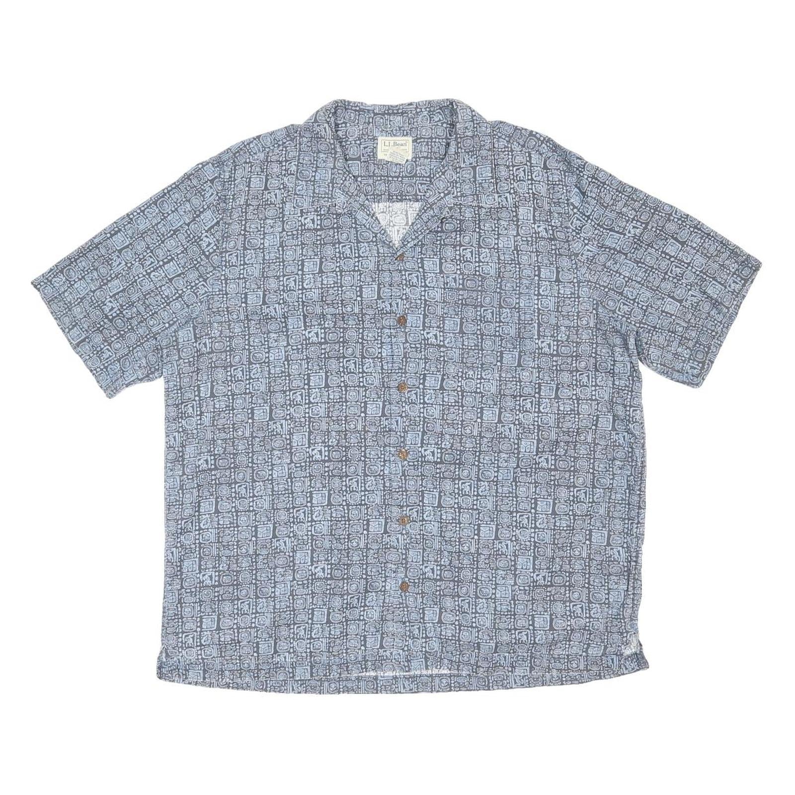 LL BEAN Mens Blue Shirt L Cotton Casual Summer Patterned Button Shirt