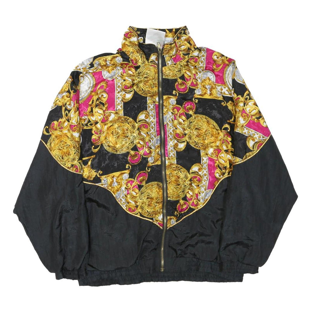 Womens Black & Pink Baroque Pattern Nylon Zip Jacket S Casual Light Outerwear