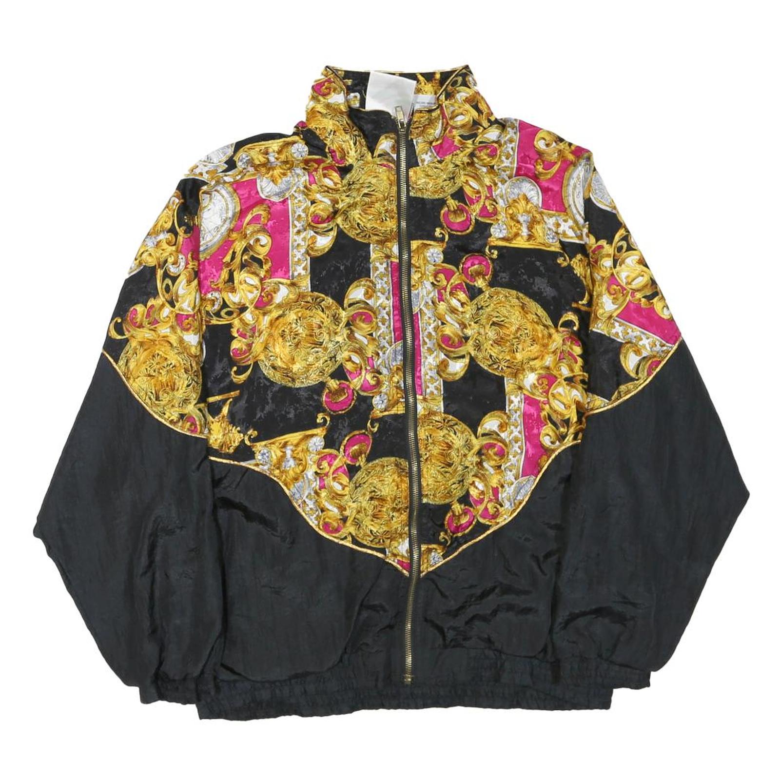 Womens Black & Pink Baroque Pattern Nylon Zip Jacket S Casual Light Outerwear