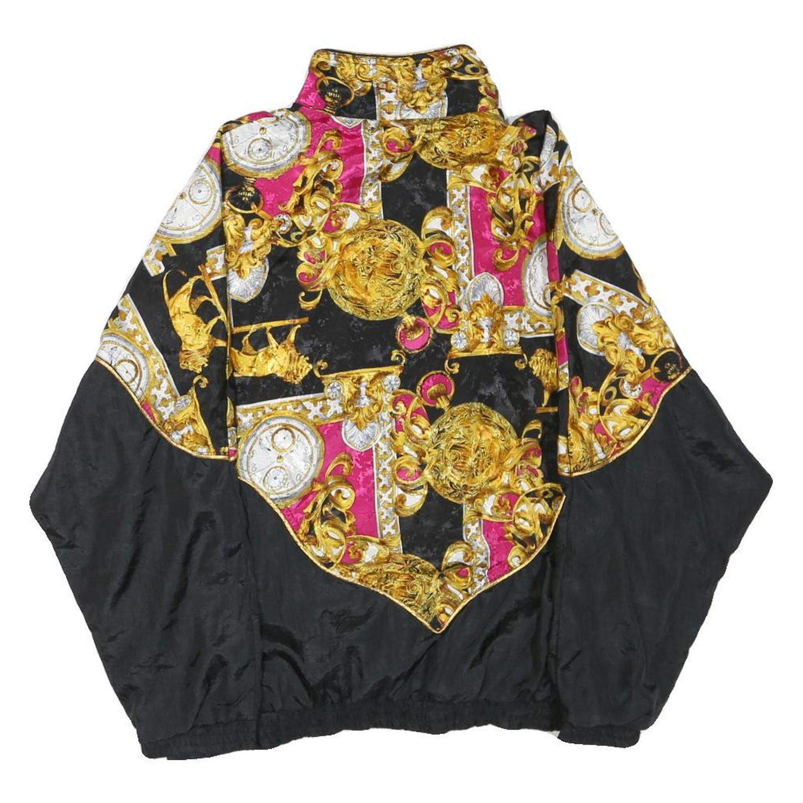 Womens Black & Pink Baroque Pattern Nylon Zip Jacket S Casual Light Outerwear