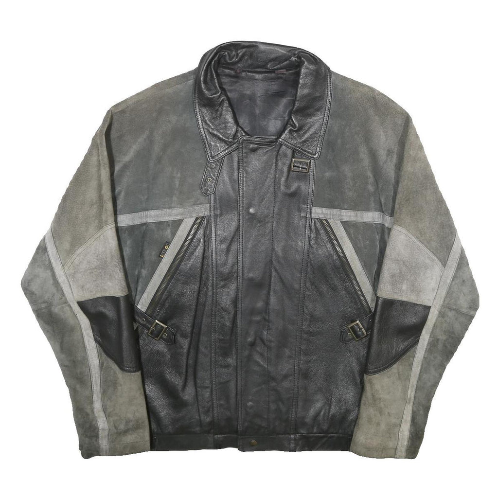 LET'S GO Mens Black & Grey Leather Button Jacket L Suede Patchwork Comfortable