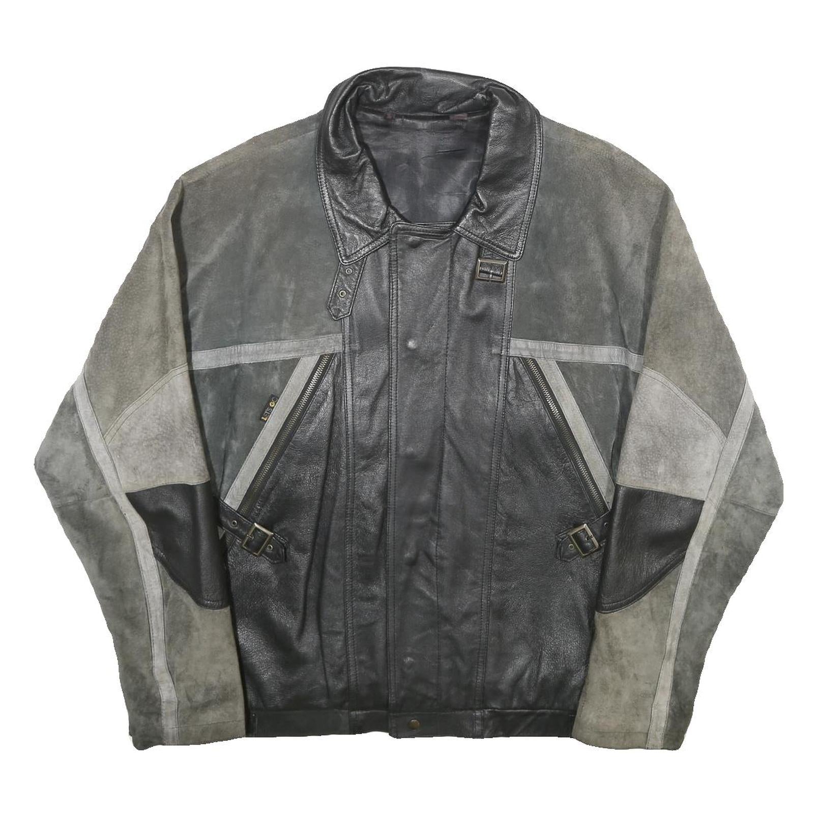 LET'S GO Mens Black & Grey Leather Button Jacket L Suede Patchwork Comfortable