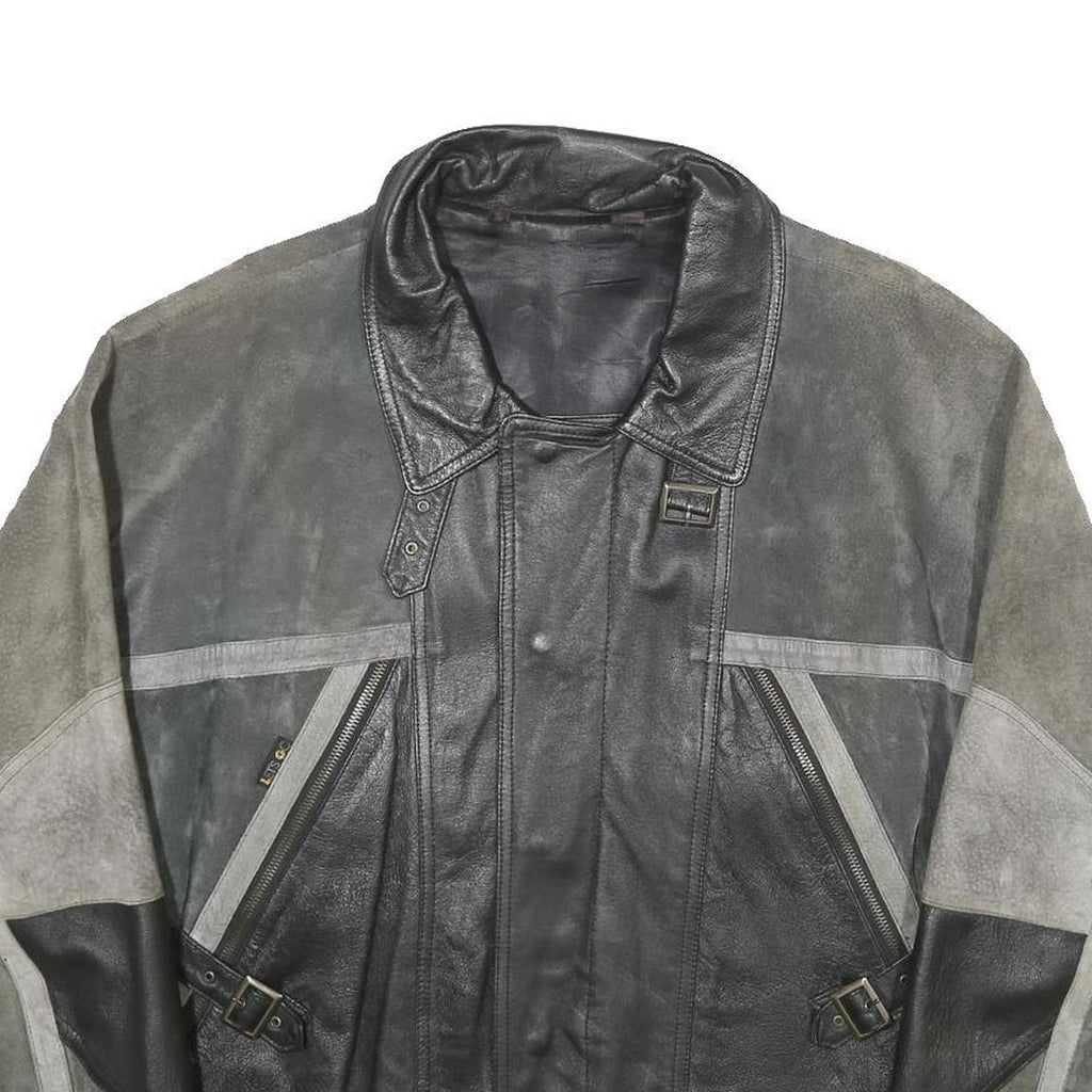 LET'S GO Mens Black & Grey Leather Button Jacket L Suede Patchwork Comfortable