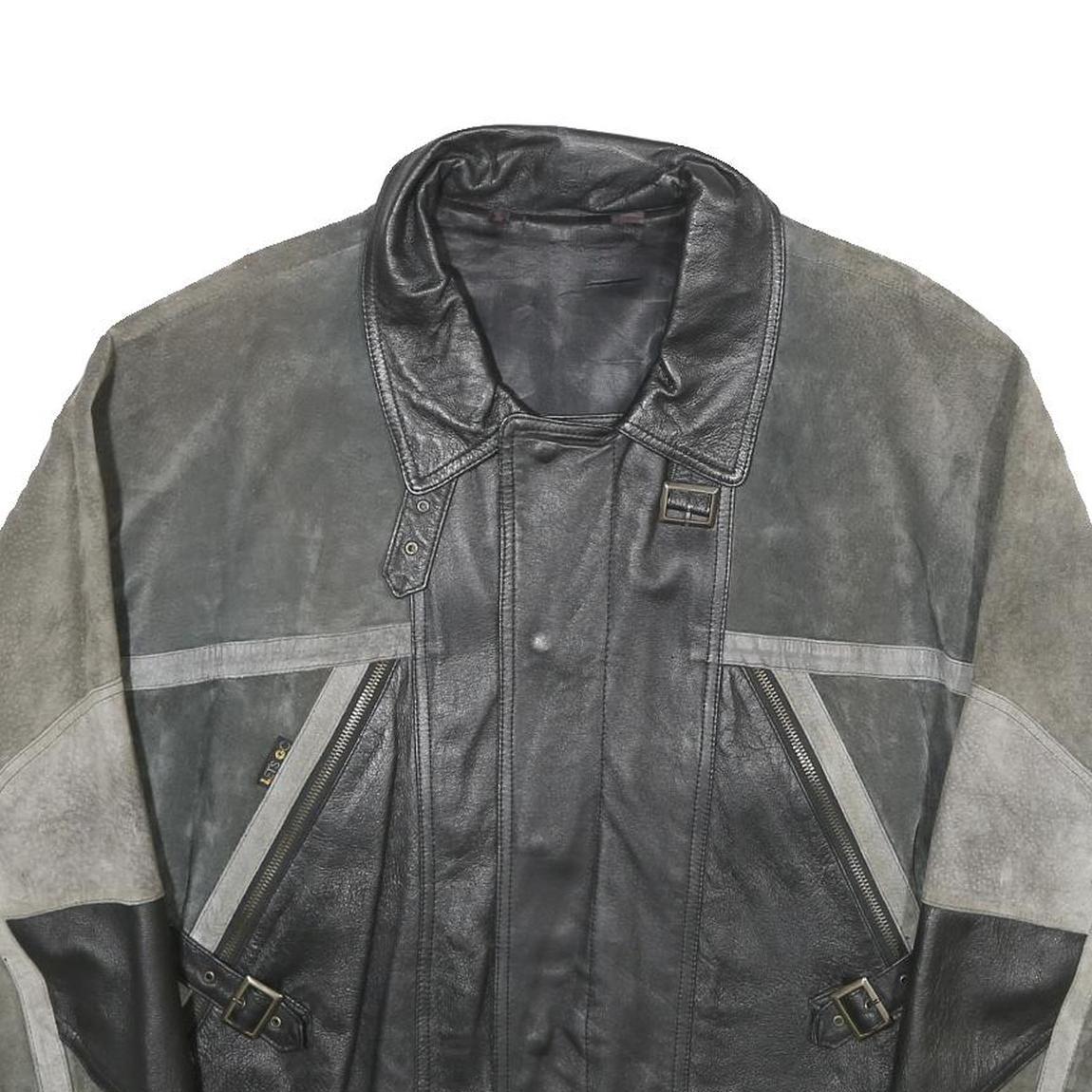 LET'S GO Mens Black & Grey Leather Button Jacket L Suede Patchwork Comfortable