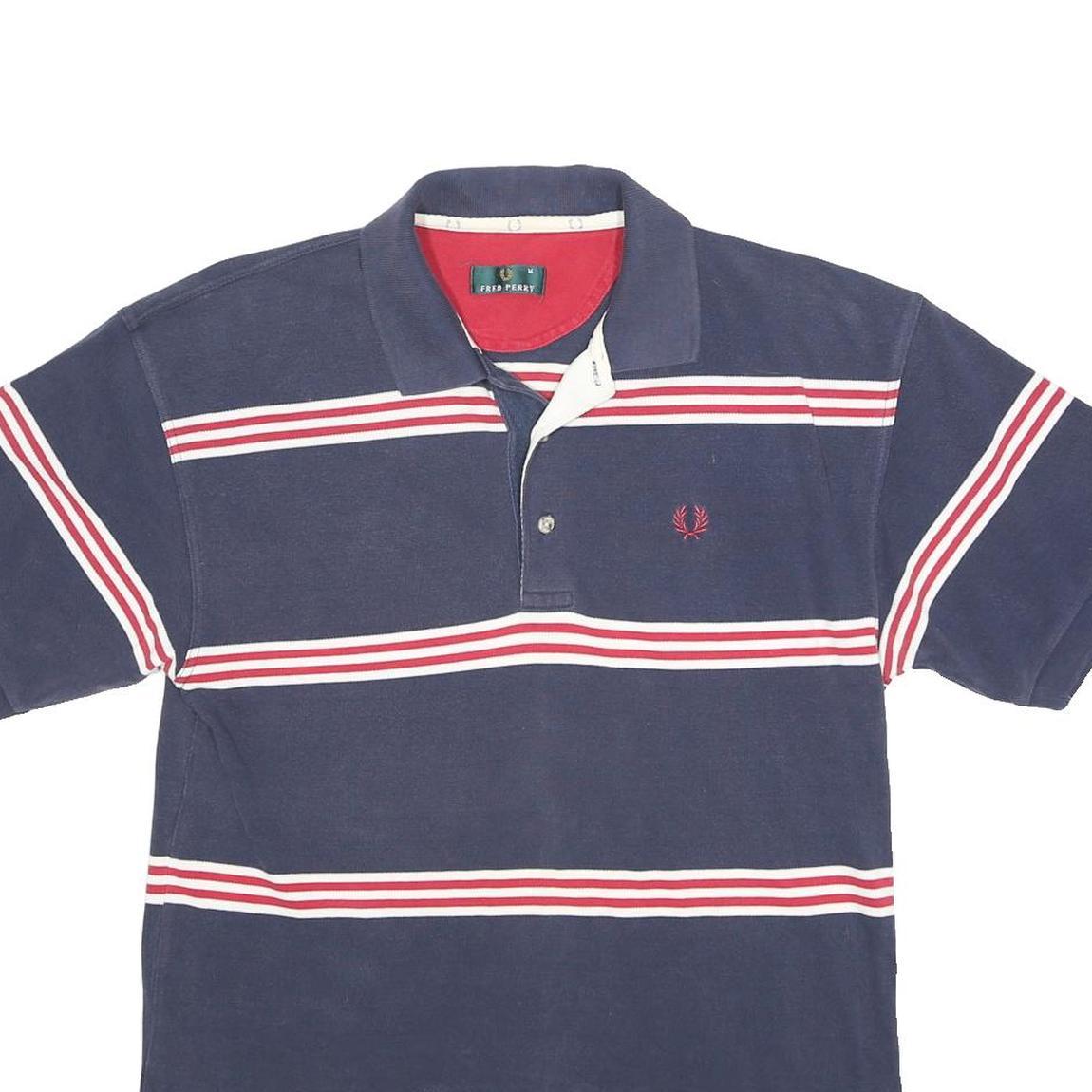FRED PERRY Mens Navy Blue & Red Striped Short Sleeve Polo Shirt M Cotton Casual