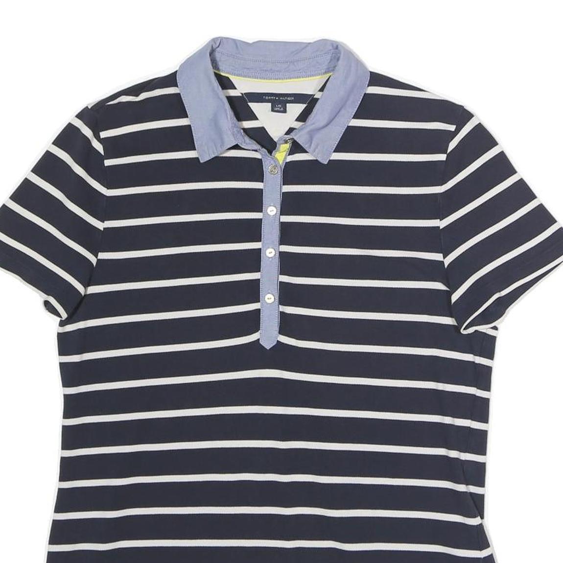 TOMMY HILFIGER Mens Navy Blue & White Striped Short Sleeve Polo Shirt L Cotton