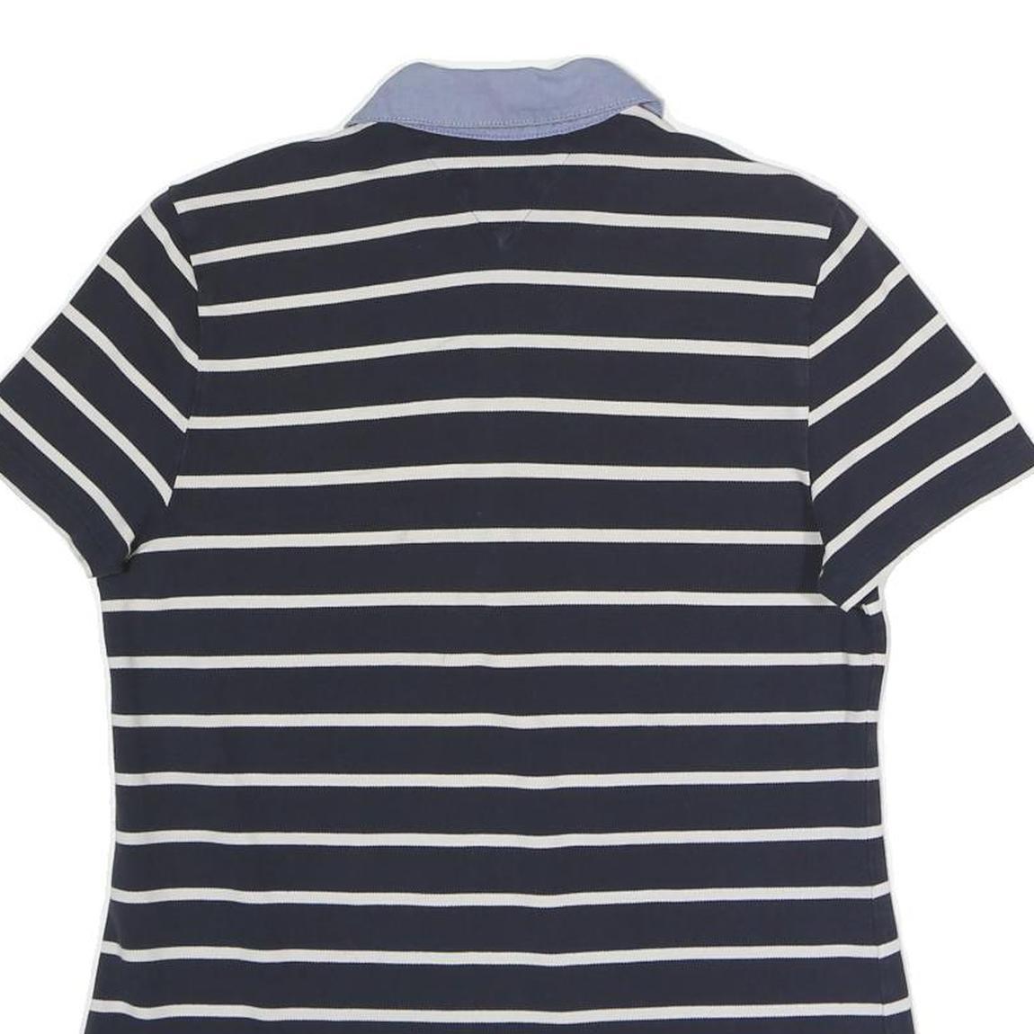 TOMMY HILFIGER Mens Navy Blue & White Striped Short Sleeve Polo Shirt L Cotton