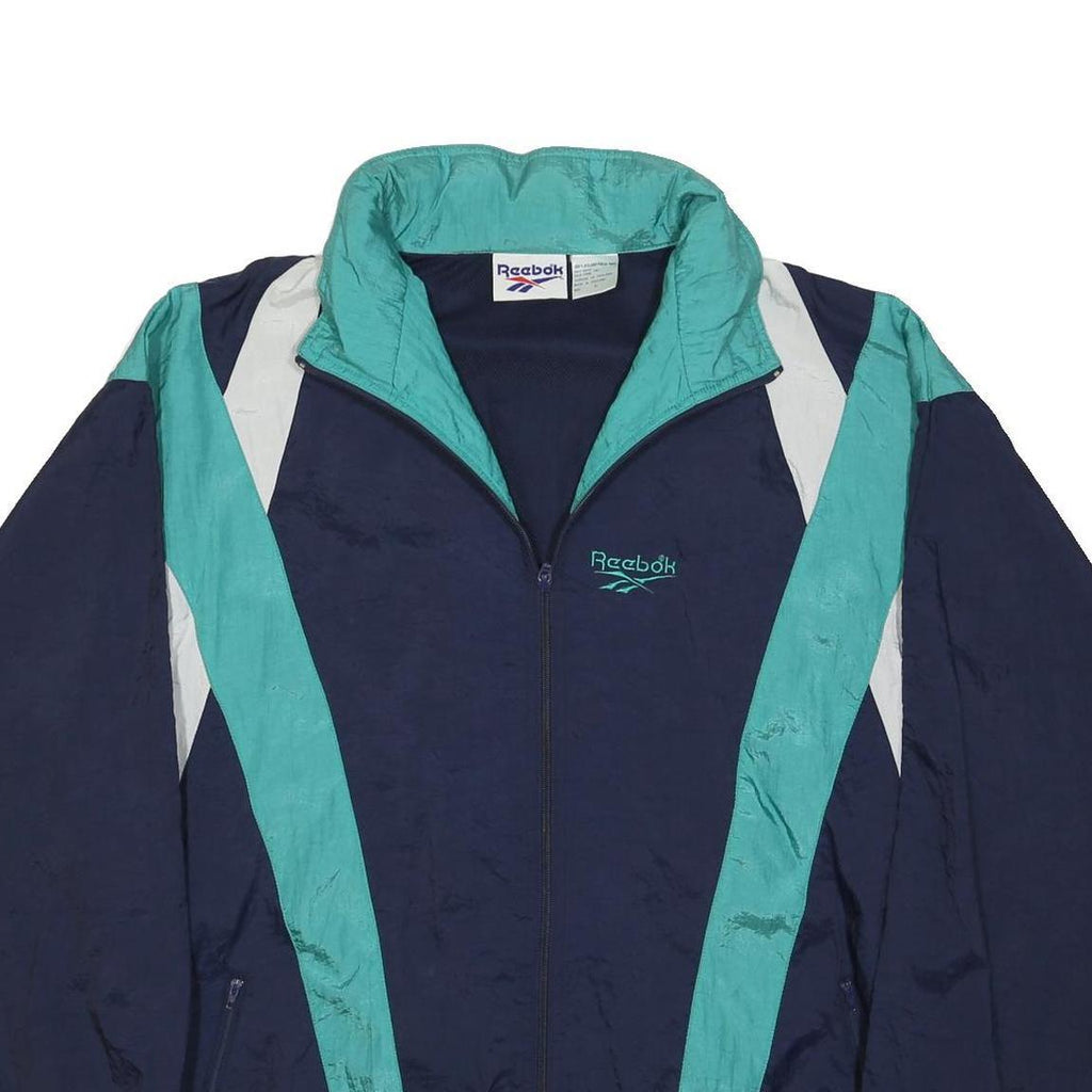 REEBOK Mens Navy & Teal Blue Zip Nylon Jacket L Retro Vintage Sportswear