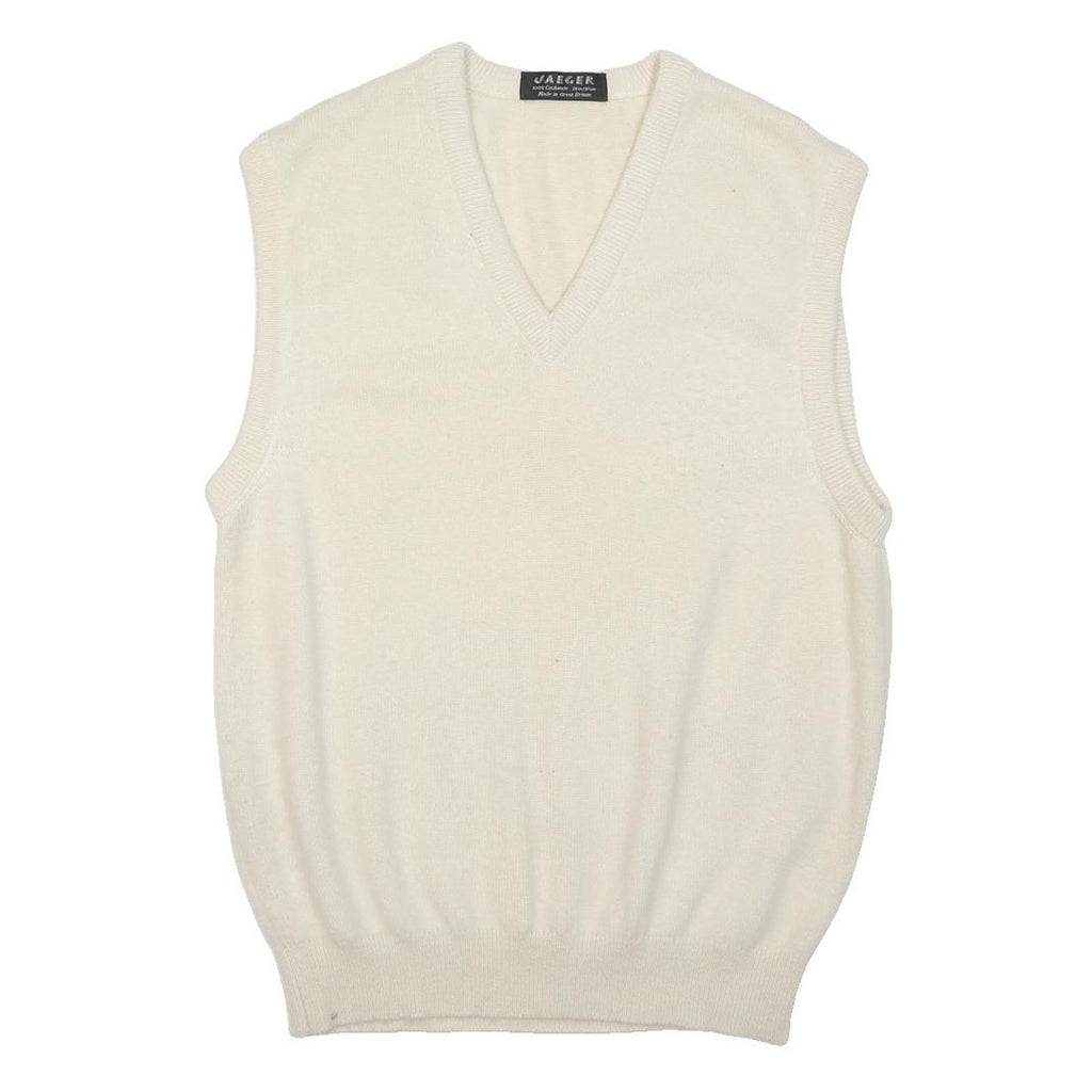 JAEGER Mens White Wool Plain V-Neck Basic Knit L Sleeveless Jumper Vest
