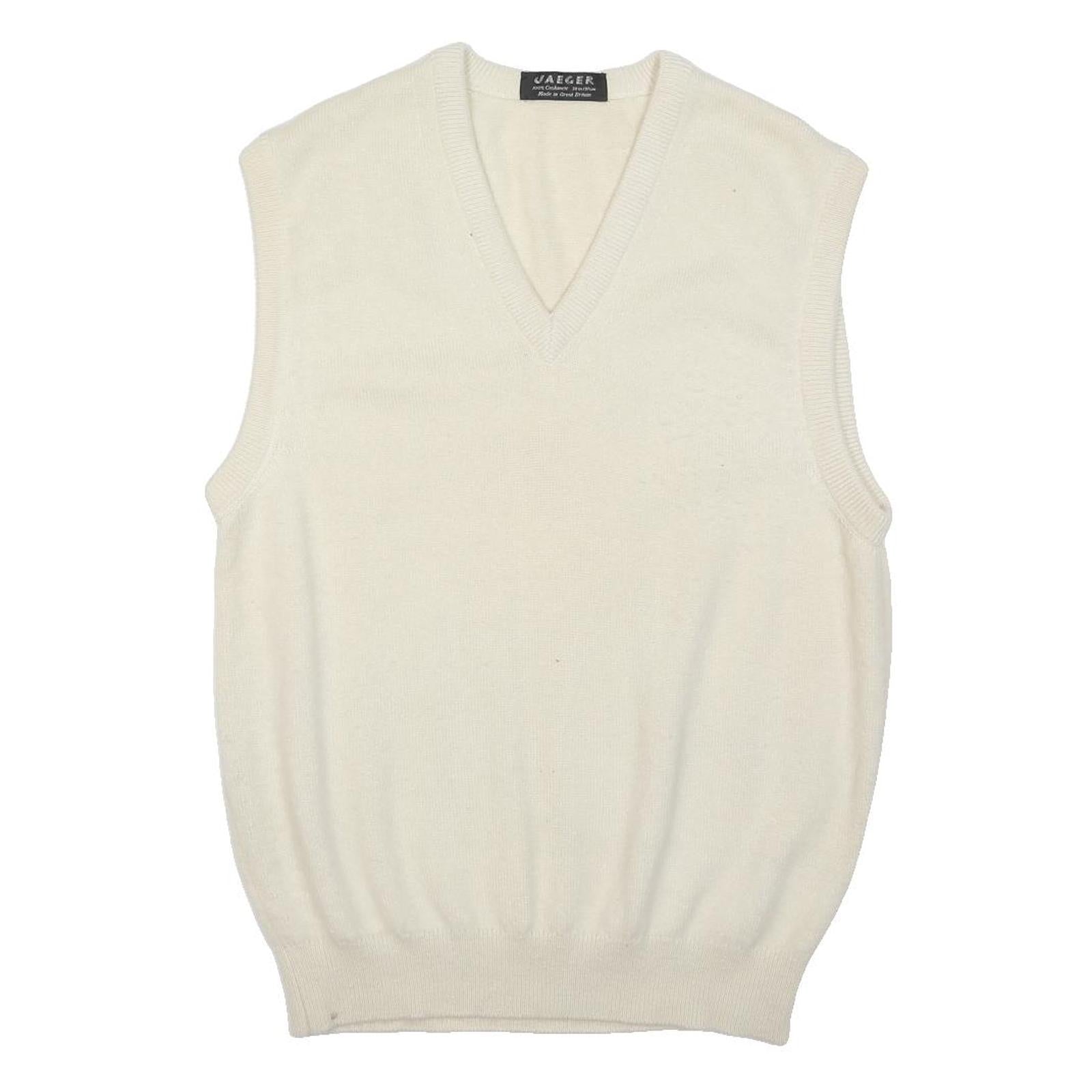 JAEGER Mens White Wool Plain V-Neck Basic Knit L Sleeveless Jumper Vest