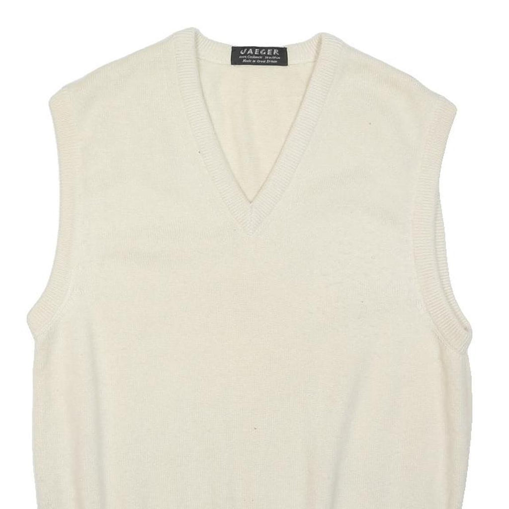 JAEGER Mens White Wool Plain V-Neck Basic Knit L Sleeveless Jumper Vest