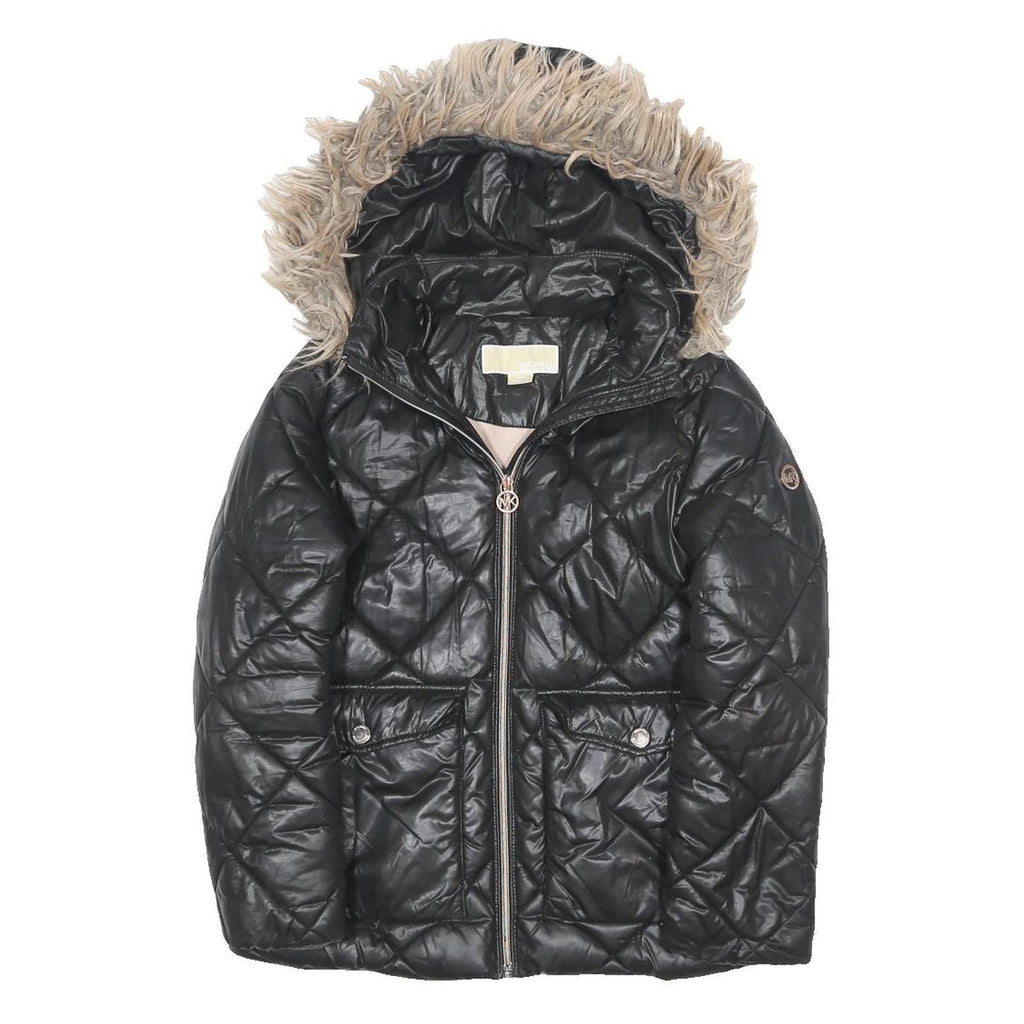 MICHAEL KORS Girls Black Quilted Jacket 11-12Y Polyester Blend Zip Hooded