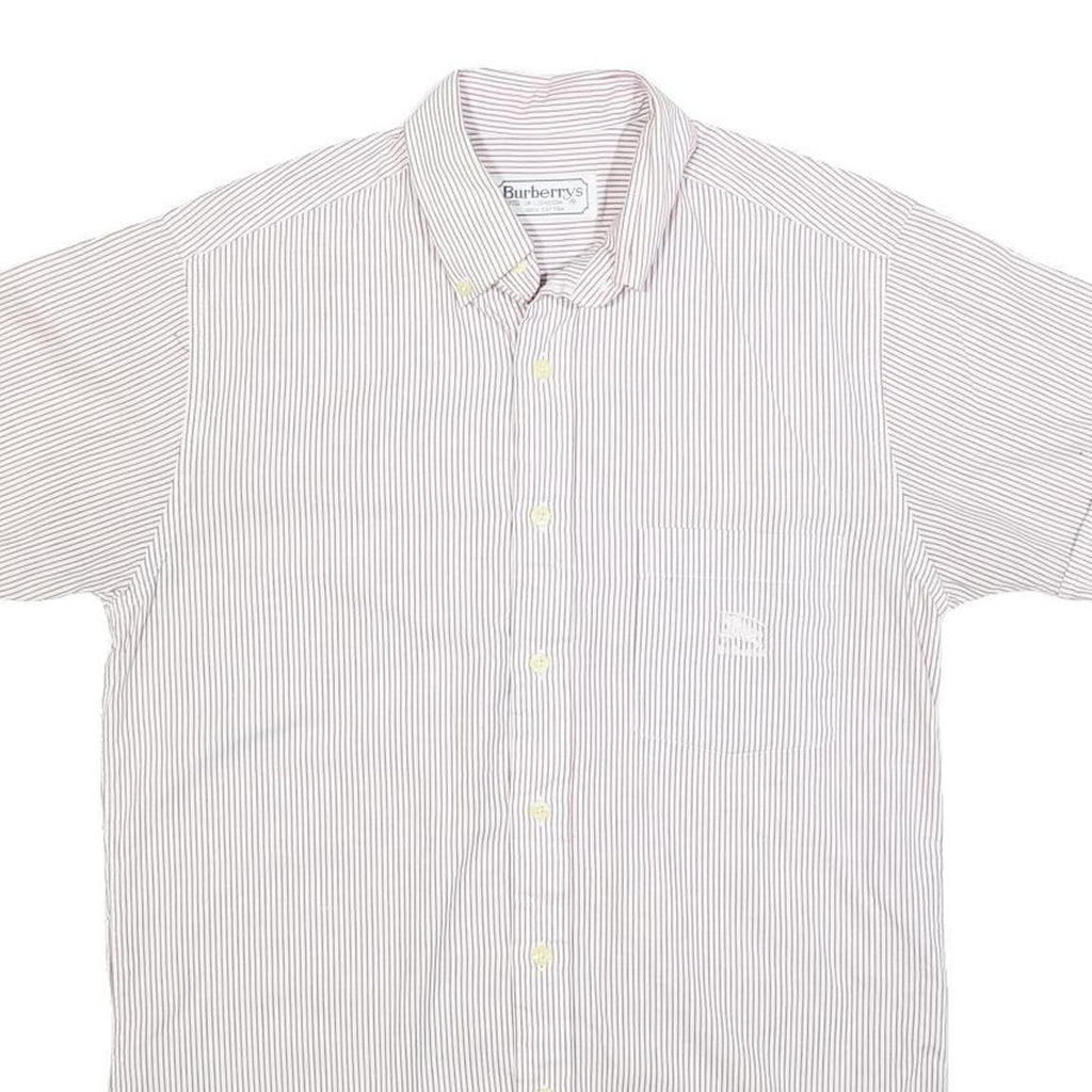 BURBERRY Mens White & Brown Stripe Shirt S Cotton Button-Down Short Sleeve