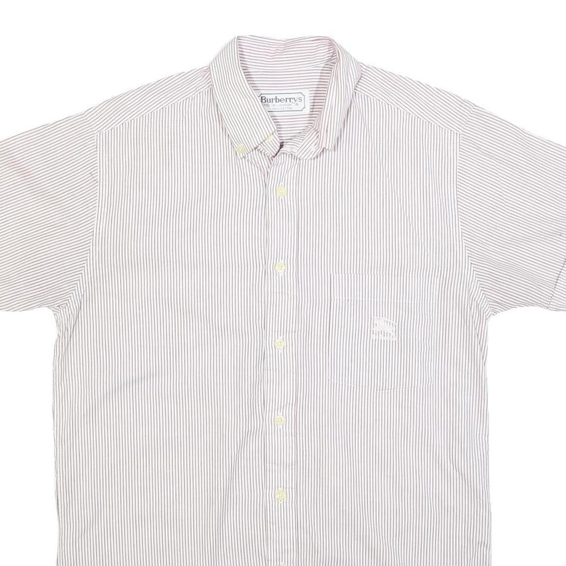 BURBERRY Mens White & Brown Stripe Shirt S Cotton Button-Down Short Sleeve