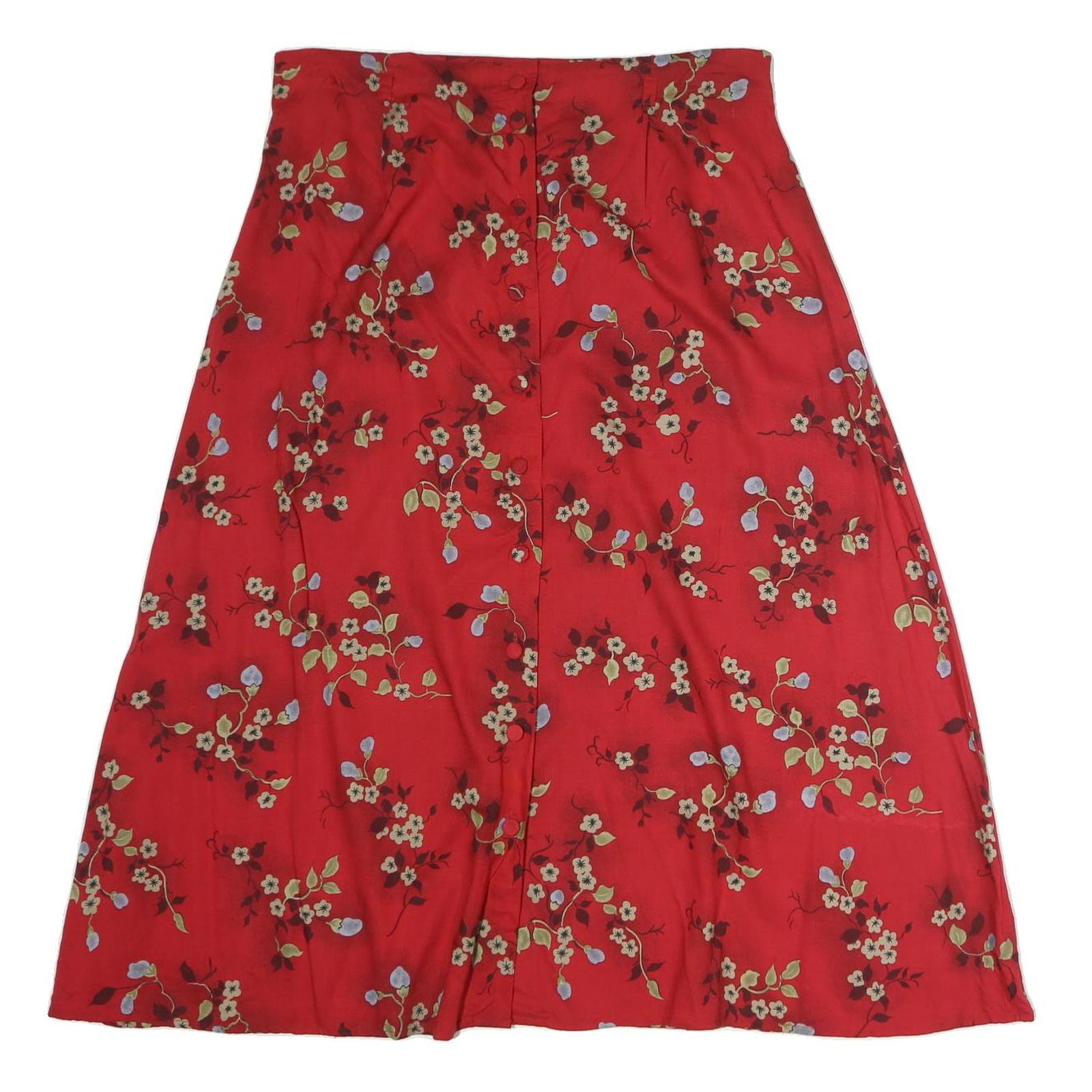RADCLIFFE Womens Red Floral Midi Cotton Blend Swing Skirt L Elegant Comfort