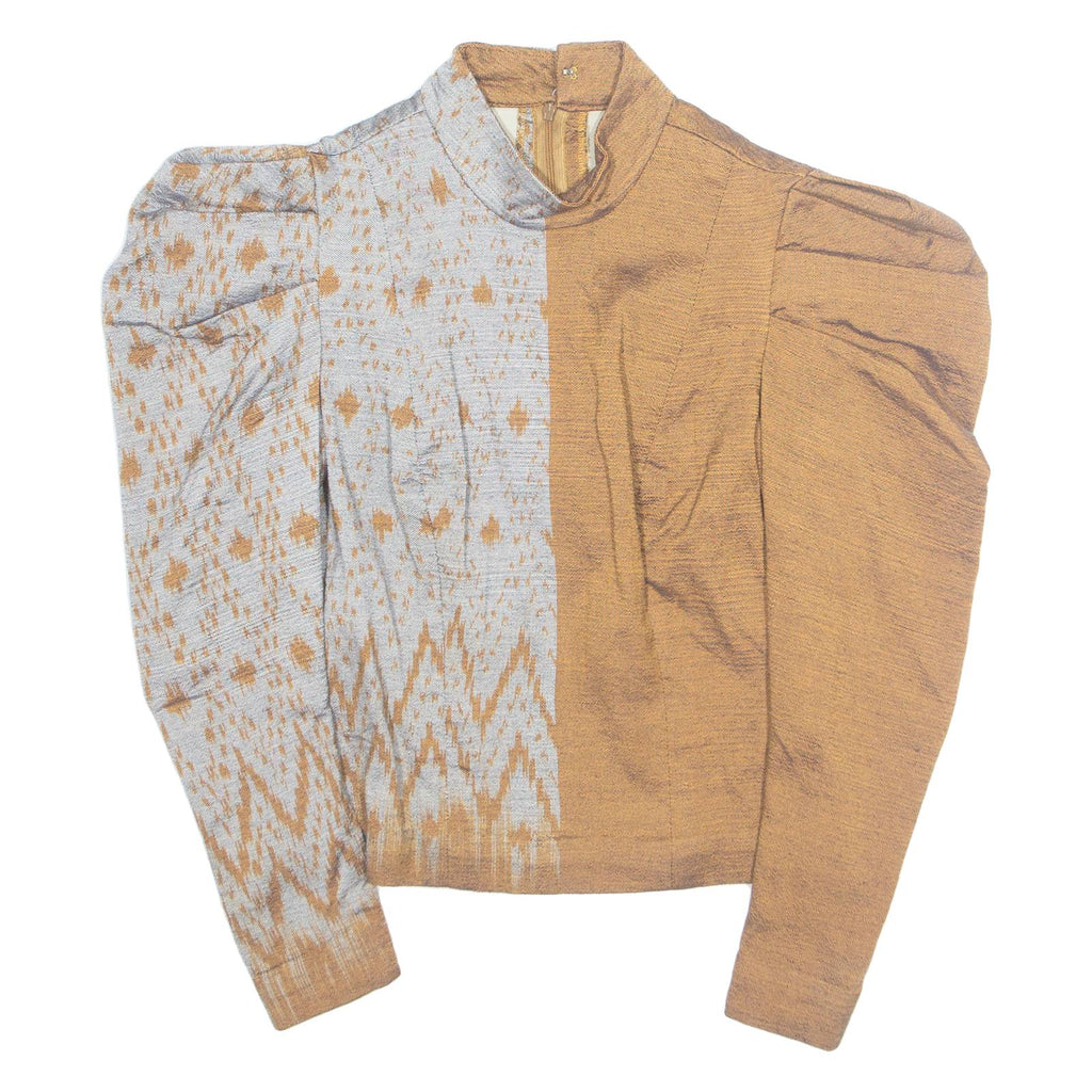 Womens Puff Sleeve Top Brown High Neck Long Sleeve Colourblock S