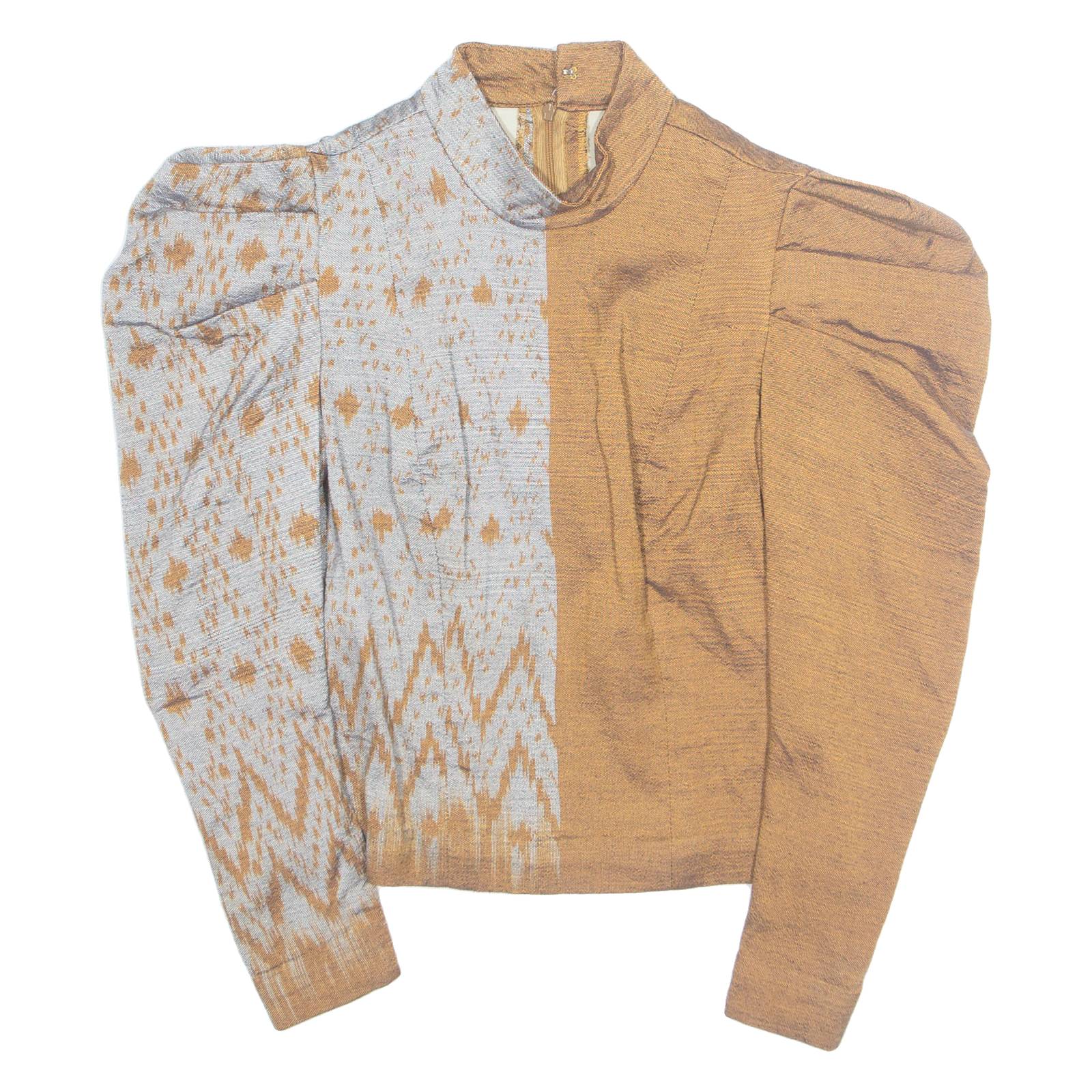Womens Puff Sleeve Top Brown High Neck Long Sleeve Colourblock S