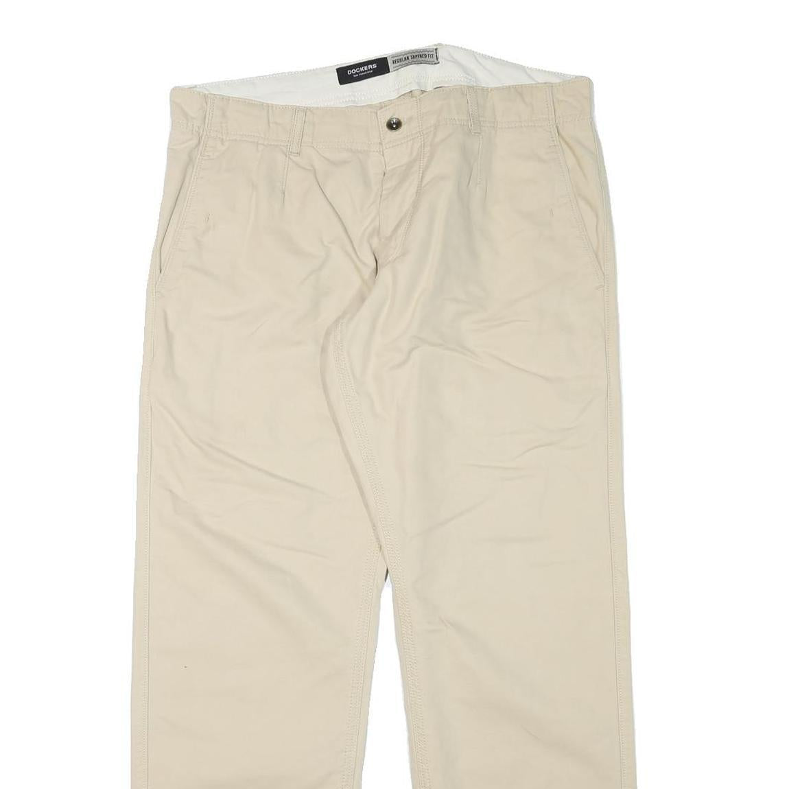 DOCKERS Mens Cotton Blend Beige Relaxed Straight Trousers W37 L32 Casual Wear