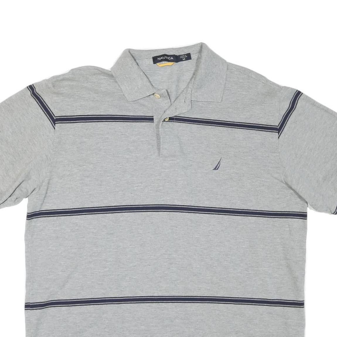 NAUTICA Mens Grey & Navy Blue Striped Short Sleeve Polo Shirt M Casual Cotton