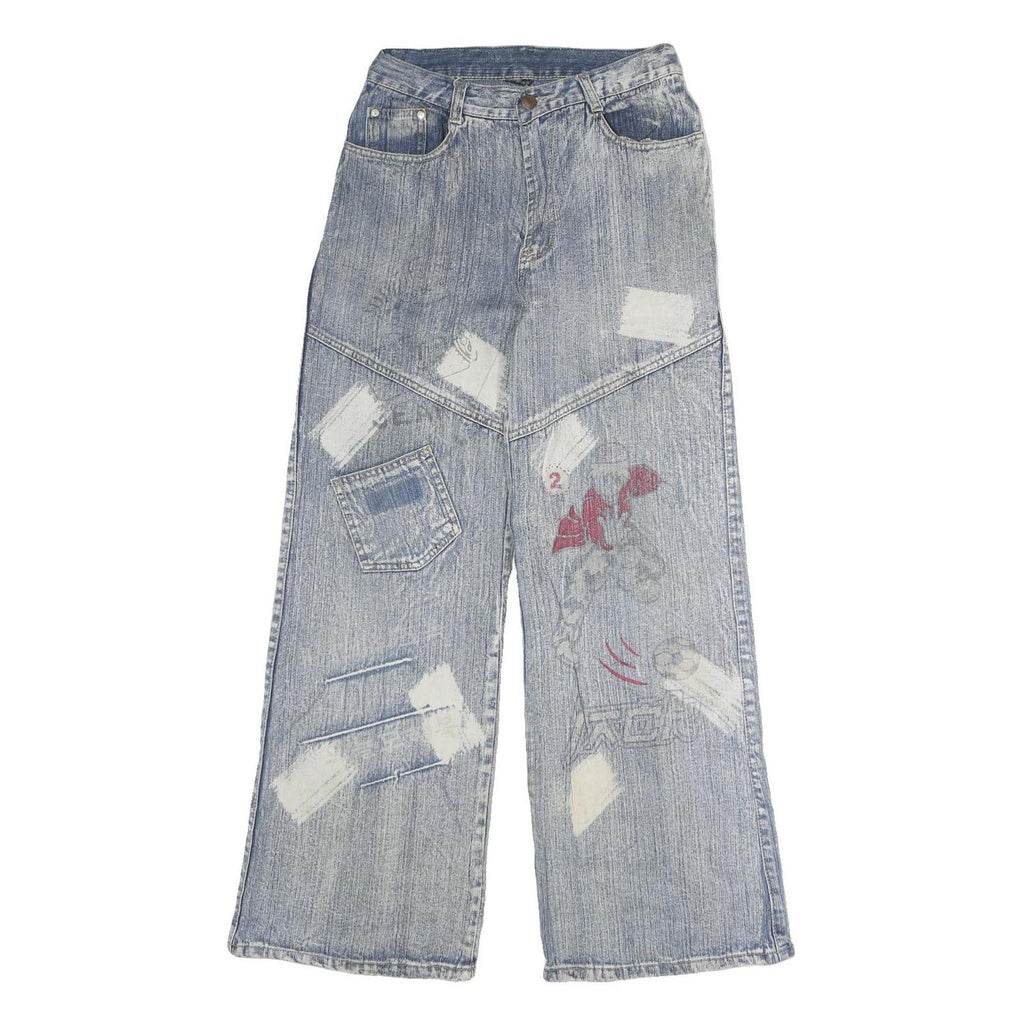 REN WOFEI Mens Blue Regular Straight Denim Stone Wash Jeans W26 L27 Distressed