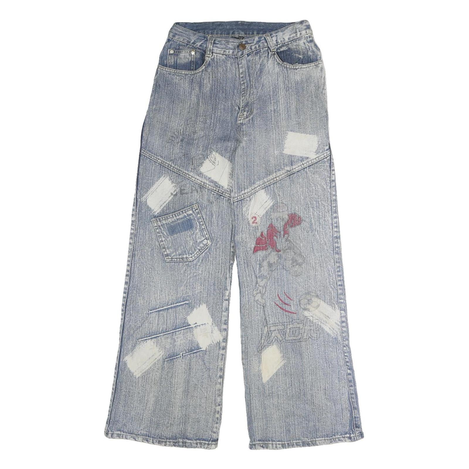 REN WOFEI Mens Blue Regular Straight Denim Stone Wash Jeans W26 L27 Distressed