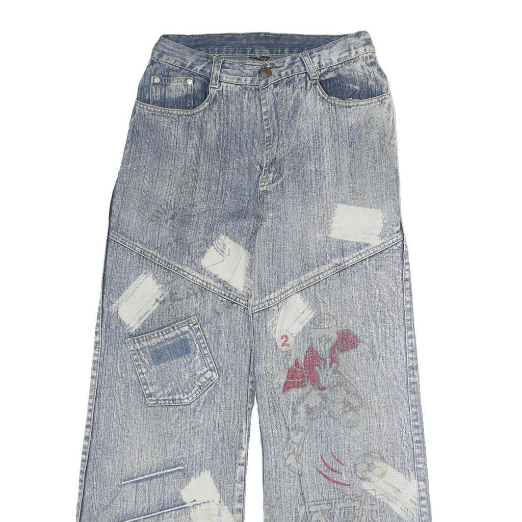 REN WOFEI Mens Blue Regular Straight Denim Stone Wash Jeans W26 L27 Distressed